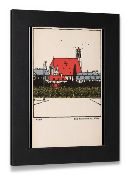 Impression encadrée : Carte postale de Wiener Werkstätte No. 134 : Vienne : L'église des Minimes, Urban Janke (1887-1915), Artiste, Wiener Werkstätte, maison d'édition, 1908, carton papier, lithographie au lavis en couleur , hauteur × largeur 14 × 9 cm , Atelier de Vienne , Beaux-Arts.