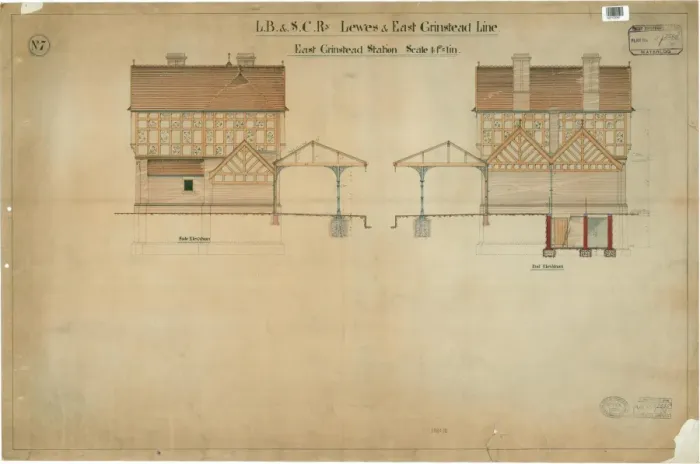 Impression encadrée : Elevations de la gare d'East Grinstead, côté et fin du stationnement Impression encadrée : Elevations de la gare d'East Grinstead, côté et fin du stationnement