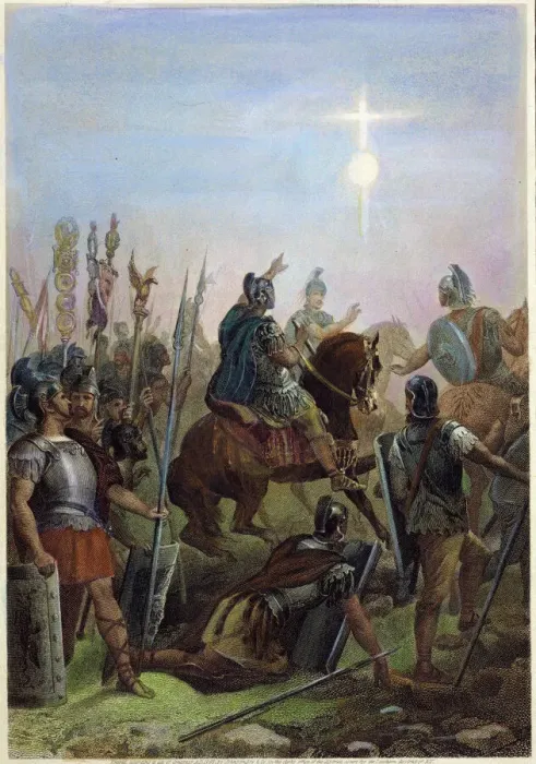 Impression encadrée : CONVERSION DE CONSTANTIN. Conversion de l'empereur romain Constantin I (280?-337) au pont Milvien en 312 : gravure sur acier, américaine, 1869. Impression encadrée : CONVERSION DE CONSTANTIN. Conversion de l'empereur romain Constantin I (280?-337) au pont Milvien en 312 : gravure sur acier, américaine, 1869.