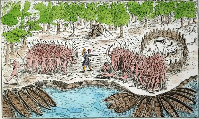 Impression encadrée : SAMUEL DE CHAMPLAIN. Champlain (centre), avec deux harquebusiers français (haut) et des Algonquins amicaux (gauche) battent une partie de guerre iroquoise au site actuel de Ticonderoga sur le lac Champlain, 29 juillet 1609. Gravure colorée de Voyages de Champlain (1613).