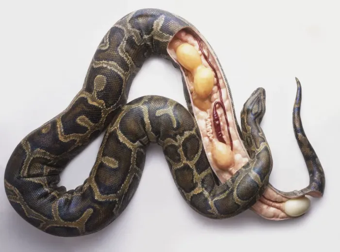 Impression encadrée : Modèle de python birman (Python molurus bivittatus) pondant, coupe transversale.