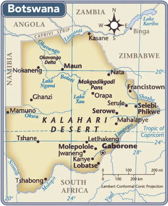 Impression encadrée : Carte du pays Botswana. Impression encadrée : Carte du pays Botswana.