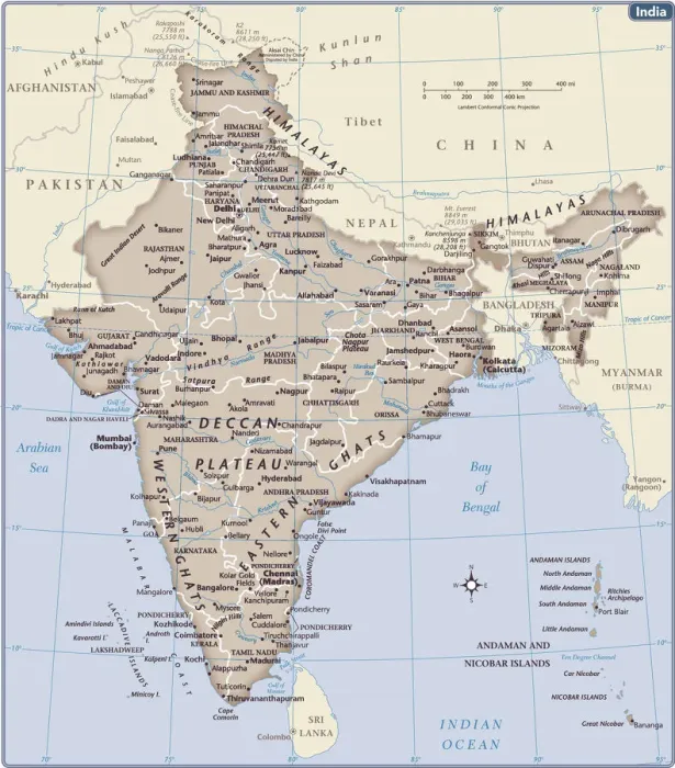 Impression encadrée : Carte du pays Inde. Impression encadrée : Carte du pays Inde.
