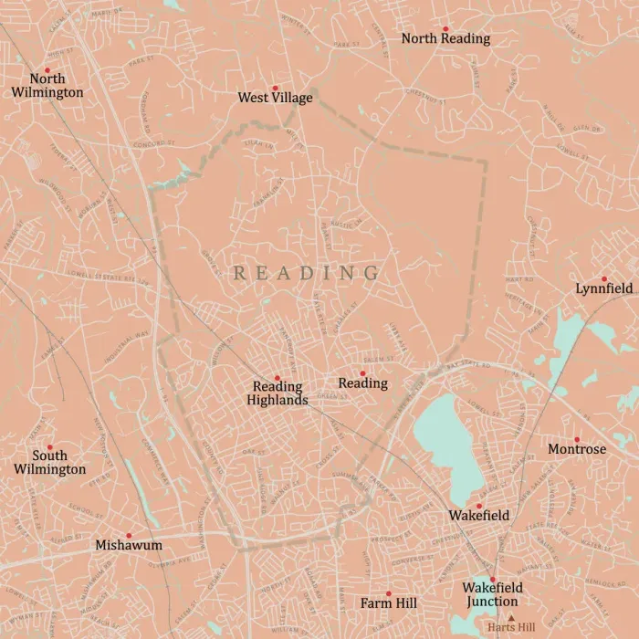 Impression encadrée : MA Middlesex Reading Vector Route Plan