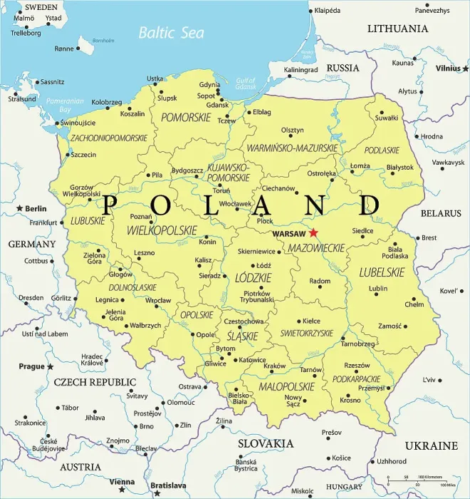 Impression encadrée : Carte de Référence de Pologne.