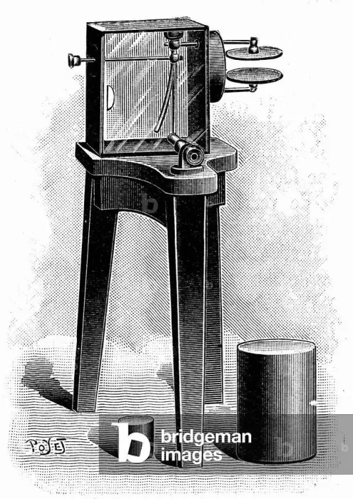 Impression encadrée : L'électroscope équipé de microscope, utilisé dans le laboratoire des Curies, Paris, pour détecter la présence d'activité radioactive. Gravure publiée en 1904.