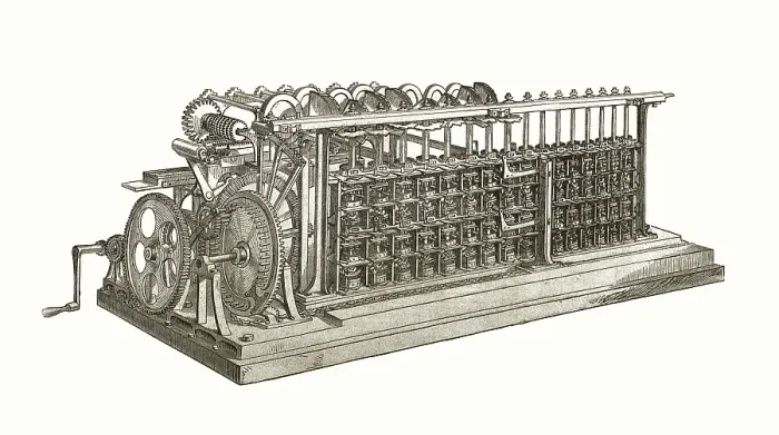 Impression encadrée : 'La différence d'engin par Charles Babage, étant la première machine informatique, XIXe siècle'.