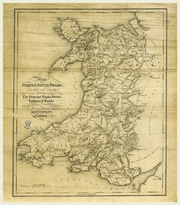 Impression encadrée : Un Dictionnaire Topographique du Pays de Galles, carte du Nord et du Sud du Pays de Galles, gravure du 19e siècle.