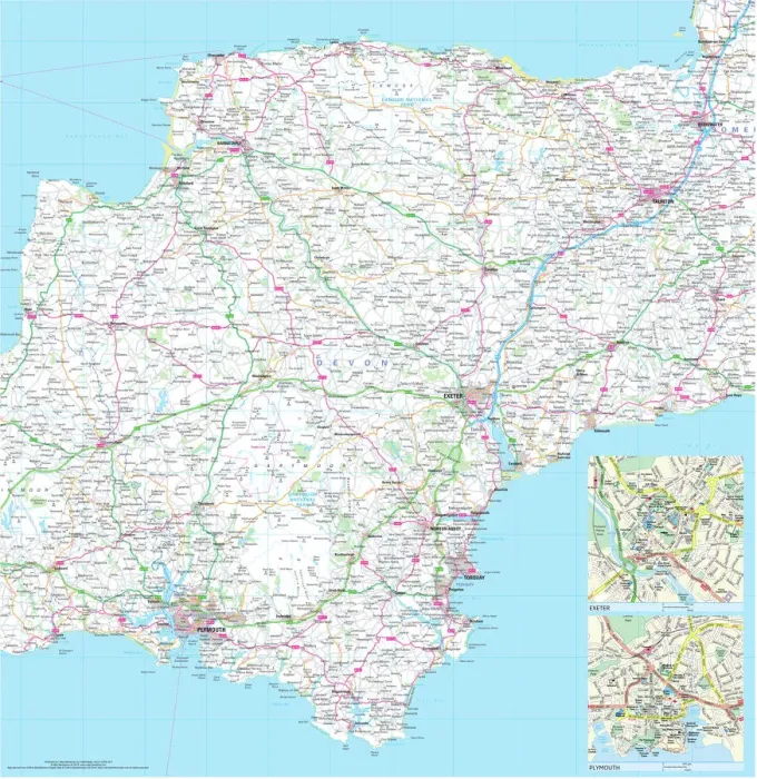 Impression encadrée : Carte Routière du Comté de Devon. Impression encadrée : Carte Routière du Comté de Devon.