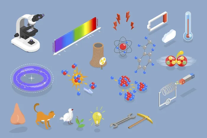 Impression encadrée : Ensemble vectoriel plat isométrique 3D d'objets de physique.