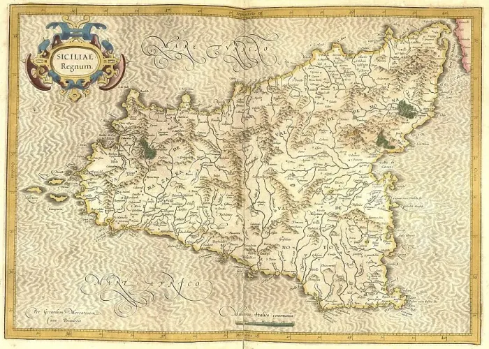 Impression encadrée : Atlas, carte de 1623, Sicile, Italie.