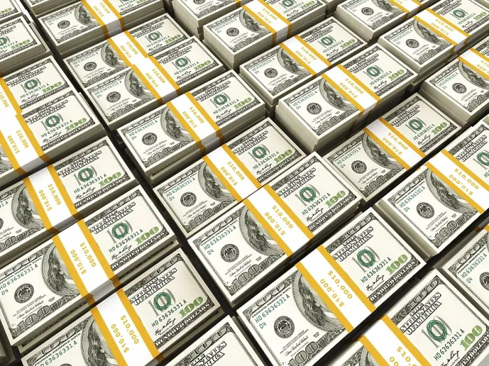 Impression encadrée : Bundles de dollars américains alignés