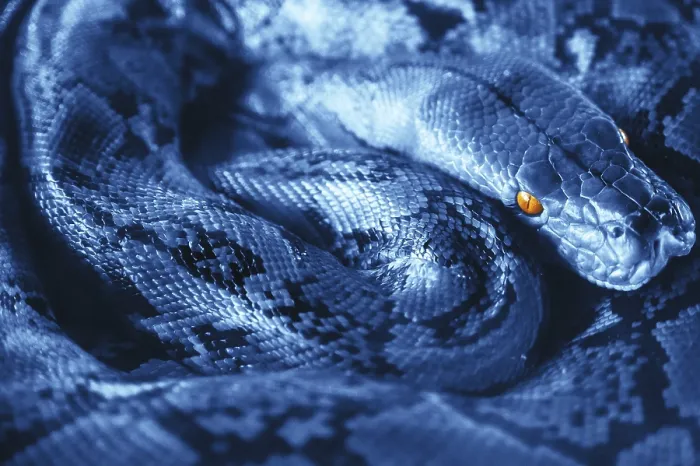 Impression encadrée : La belle Python en couleur bleu vif. Impression encadrée : La belle Python en couleur bleu vif.