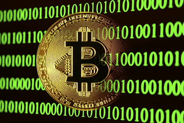 Impression encadrée : Le Bitcoin avec le code binaire. Impression encadrée : Le Bitcoin avec le code binaire.