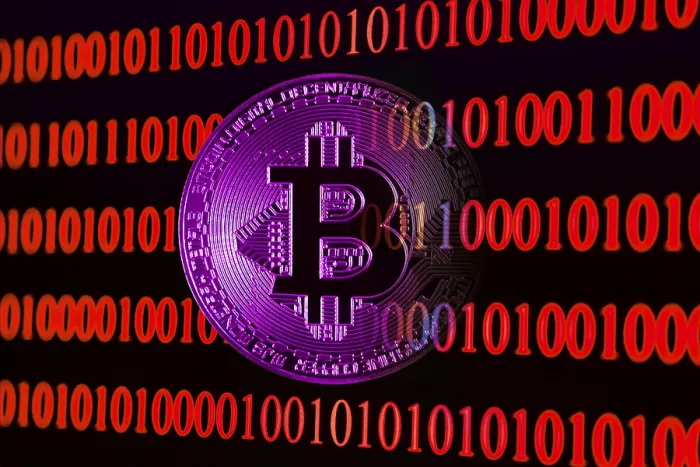 Impression encadrée : Le Bitcoin avec le code binaire. Impression encadrée : Le Bitcoin avec le code binaire.