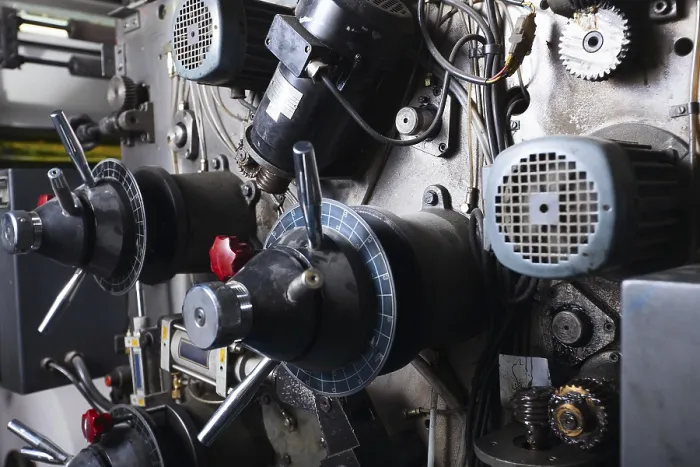 Impression encadrée : Vue rapprochée du détail complexe de la machine typographique.