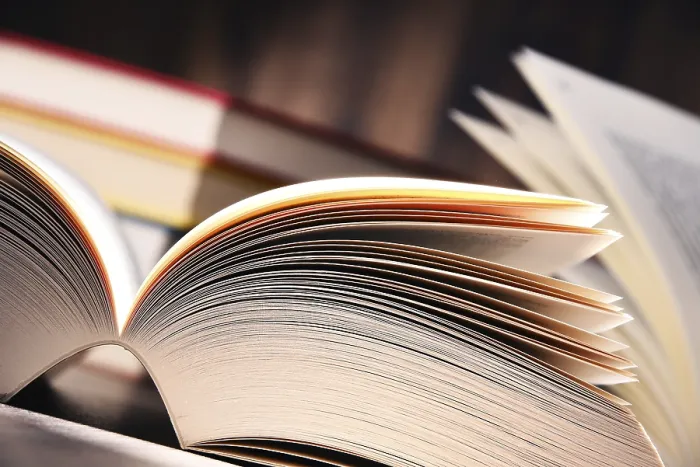 Impression encadrée : Composition avec un livre ouvert sur la table.