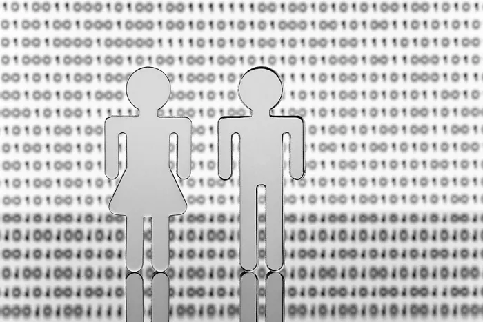 Impression encadrée : Deux figures devant un code binaire. Impression encadrée : Deux figures devant un code binaire.