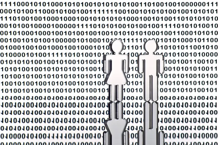 Impression encadrée : Deux figures devant un code binaire. Impression encadrée : Deux figures devant un code binaire.