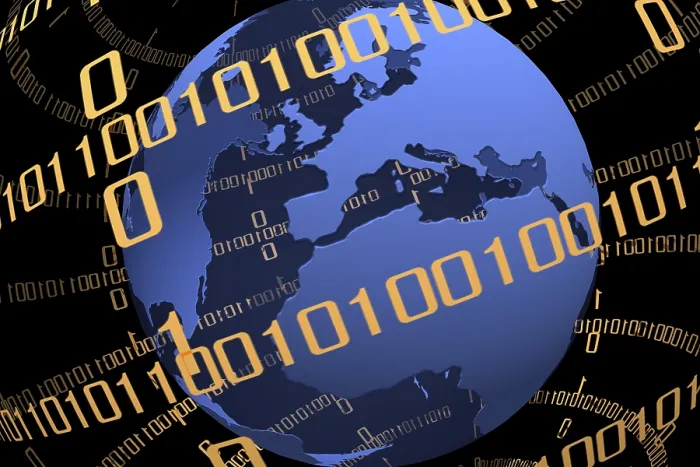 Impression encadrée : Monde avec code binaire. Impression encadrée : Monde avec code binaire.