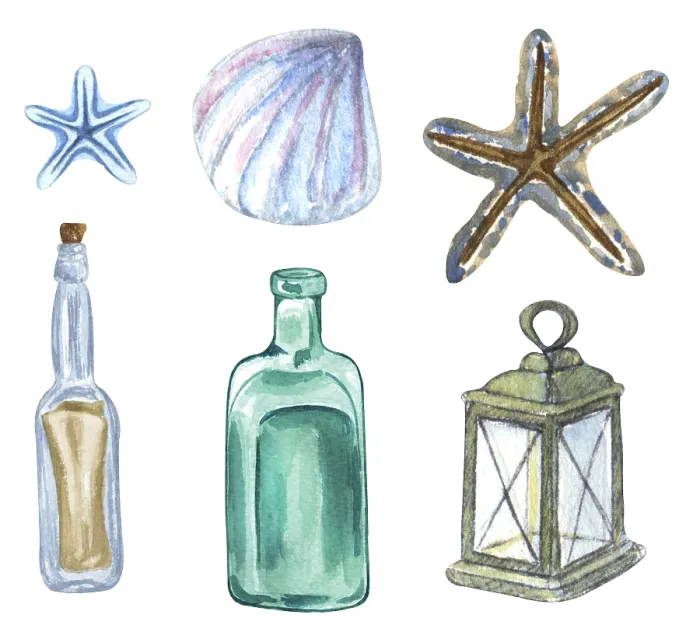 Impression encadrée : Ensemble nautique de différents éléments, illustrations en aquarelle. Coquille marine, lanterne, bouteille vide, lettre dans une bouteille