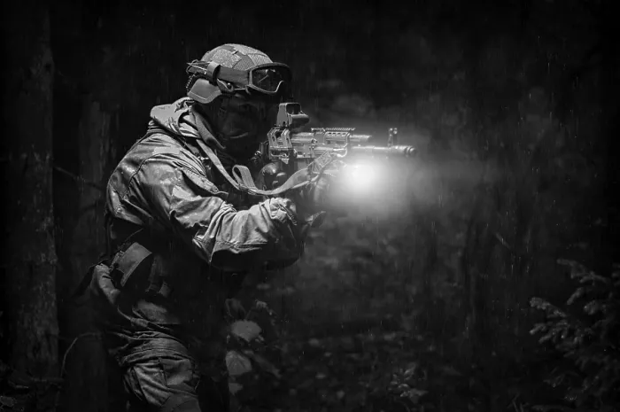 Impression encadrée : Portrait d'un commando dans la forêt.