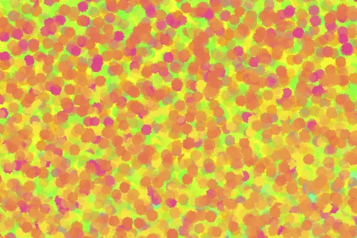 Impression encadrée : Composition abstraite dynamique en nuances de rose, orange, jaune et vert.