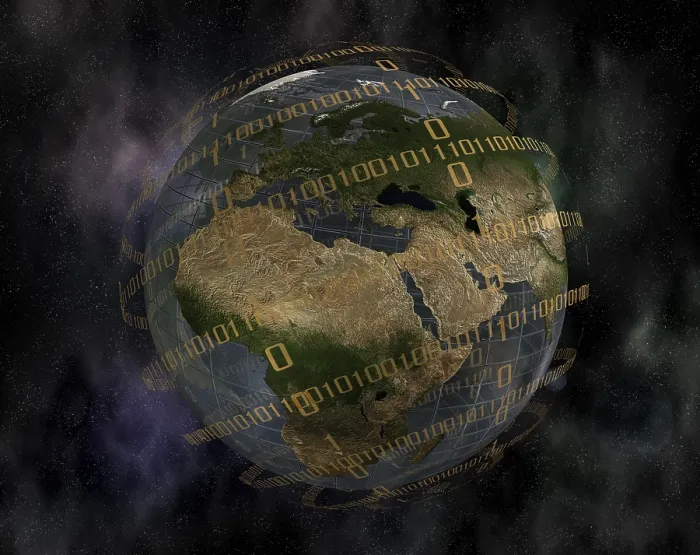 Impression encadrée : Monde en sphère et code binaire. Impression encadrée : Monde en sphère et code binaire.