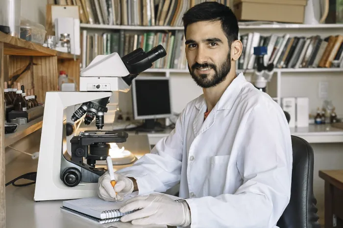 Impression encadrée : Jeune scientifique devant un microscope Impression encadrée : Jeune scientifique devant un microscope