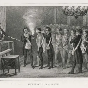 Blindfolded Apprentice in French Masonic Lodge Print Blindfolded Apprentice in French Masonic Lodge Print