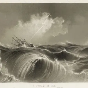 Print of a Sailing Ship Struck by Lightning
