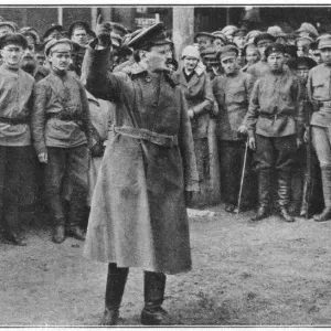 Print of Leon Trotsky haranguing soldiers in 1920
