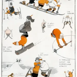 W. Heath Robinson Cartoon: Early Skiing Variations in Switzerland, Print