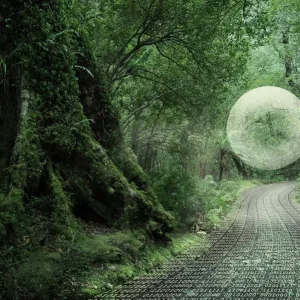 Binary Code Print: Glowing Orb Over Forest Path Binary Code Print: Glowing Orb Over Forest Path