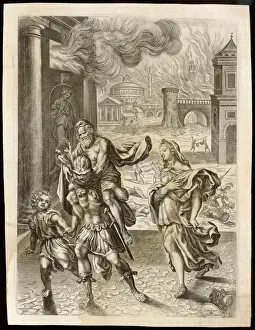 Impressions de La chute de Troie : L'Aénée s'enfuit de la ville, portant son père Anchise et accompagné de ses fils Aesculape et d'Ascanice ainsi que sa femme Crésuse qui meurt malheureusement Images Liées Impressions: Achille s'enfuit de Troie