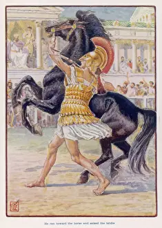 Impressions de Alexandre le Grand : Le jeune Alexandre impressionne son père Philippe de Macédon et ses courtisans en apprenant à dompter l'éléphant sauvage Buccephale Grèce Impressions: Alexandre et Bucéphantès