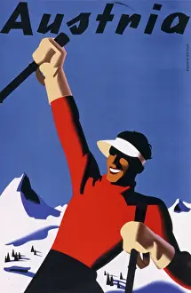 Impressions de Affiche de tourisme autrichienne avec un skieur portant une lunette anti-soleil sur fond d'horizon hivernal des montagnes Affiche Impressions: Austria