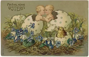 Easter Tradition Impressions: Two babies and a chick hatching out of Easter eggs