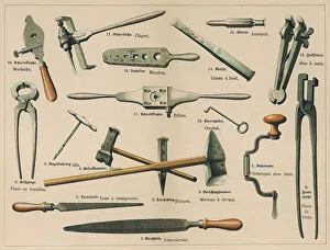 Impressions de Un éventail d'outils utilisés par un forgeron ou tisserand noir, comprenant des pinces et une patte de cordeau ainsi que des planches à faires et deux batteurs. 1875 Industrie Impressions: Outils de forgeron, 1875
