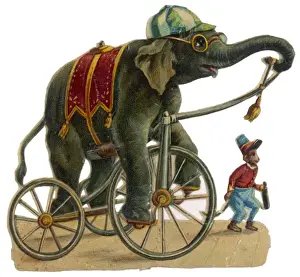 Vintage Circus Scene Impressions: Circus Elephant & Monkey
