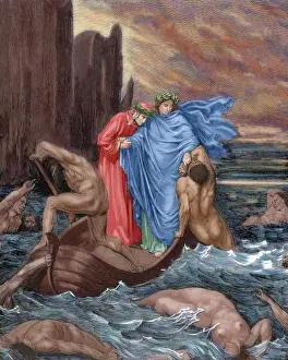 Divine Comedy Illustrations Impressions: Divine Comedy. Eigth Canto of Hell. Dante and Virgil cross t