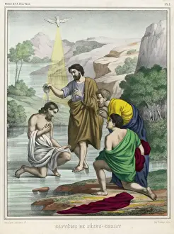Impressions de Jean bénit Jésus tandis que la Colonne Sainte plane au-dessus de lui : les deux, Jean et le pâle Jésus se trouvent à la surface du fleuve Jourdain Columbiformes Impressions: Jésus fut baptisé par Jean