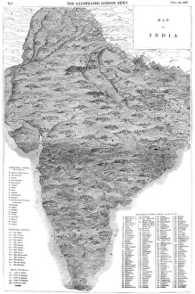 Impressions de Un carte de l'Inde en 1857 (l'an des soulèvements indiens) montrant les royaumes, états et provinces ; les principaux rivières ; les baies et golfs ; ainsi que les principales villes Carte Impressions: Carte de l'Inde