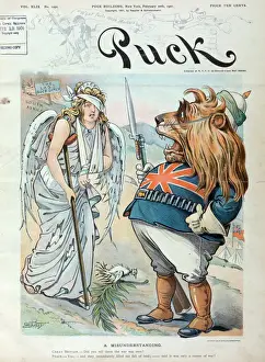 Impressions de Une malentendu. Illustration montrant le Lion britannique vêtu de l'uniforme militaire, choqué par la vue déchirée d'une femme étiquetée Paix, son habillement éclaté, tête et bras gauche bandés Colombe Impressions: Un malentendu