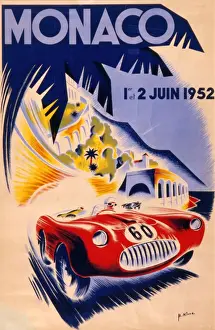 Impressions de Affiche impressionnante publicitaire pour le grand prix de Monza en 1952, présentant une voiture rouge lisse qui tourne autour des arbres d'orangers du prince Sport Automobile Impressions: Affiche de Monaco en 1952