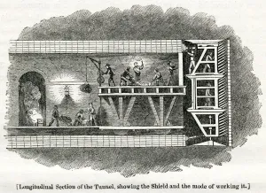 Thames Tunnel Construction Impressions: Longitudinal section of Thames Tunnel 1825