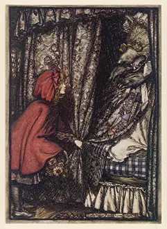 Impressions de Petite Rouge se présente au loup dans le lit de sa grand-mère Loup Rouge Impressions: Rackham / L'Ours au Lit