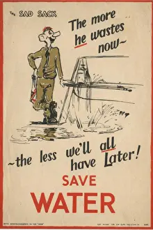 Impressions de Une affiche incitant la population britannique à économiser l'eau Cette affiche utilise l'exemple d'un Sad Sack qui surcharge sa baignoire Affiches De Propagande Impressions: Affiche d'économie de l'eau, Seconde Guerre mondiale (WWII)