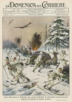 Impressions de La Finlande est attaquée par des avions soviétiques qui frappent une colonne de ravitaillement tirés à la corde d'elk et portant des chariots sur patins Finlande Impressions: Attaque aérienne soviétique