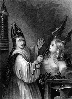 Impressions de L'ARCHIÈVÊQUE DE CANTERBURY, et Saint Les artistes le dépeignent parfois en train de tenir le diable par la muse avec une paire de tongs, comme ici Date : 924 - 988 Saint Dunstan Impressions: Saint Dunstan et le Diable.